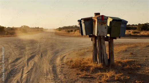 Old mailboxes on a weathered post along a dry rural road with kicking dust.