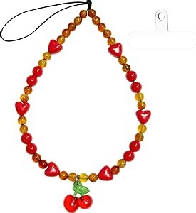 Beaded Phone Charms Strap Cute Cherry, Cellphone Lanyard Wrist Strap, iPhone Case Accessories for Phone Bag Airpods Camera Keychain Decor for Women Girls, Red