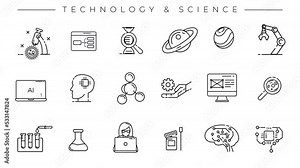 Collection of black line icons on the theme of Technology and Science.