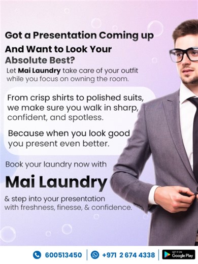 Ace your presentation with a power-ready outfit from Mai Laundry! 💼✨ Enjoy premium cleaning, crisp finishing, and a spotless look that boosts your confidence the moment you walk in. Book now and step up your style — success starts with how you dress. 👔💙 #MaiLaundry #PremiumLaundry #PresentationReady #LookSharpFeelConfident #FreshLook #ProfessionalWear #AbuDhabiLaundry #CrispAndClean #BoostYourConfidence