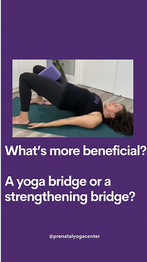 Is Bridge pose a back bend or a strengthen pose? Well, the answer is both. It really depends on how you do it and the intension you set behind it. Lately, I’ve been focusing a lot on the importance of strength in the pregnant and postpartum body. So, I have been teaching bridge to help create more strength and stability and less like a backbend. Here’s how to do this. ✨Come onto your side, and then roll onto your back. Gently squeeze a block between your thighs ✨Ground your feet and lift your hi