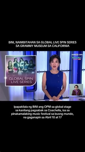Bago ang much-awaited performance ng #BINI sa Coachella, naimbitahan ang grupo na maging bahagi ng Global Spin Live series na gaganapin sa Grammy Museum sa California. Ipapakilala ng BINI ang OPM sa global stage sa kanilang pagsabak sa Coachella, isa sa pinakamalaking music festival sa buong mundo, na gaganapin sa Abril 10 at 17.
