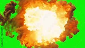 Explosive Impact: A powerful explosion erupts in a vibrant green screen, creating a mesmerizing spectacle of flames, smoke, and incandescent heat, perfect for visual effects and action sequences.