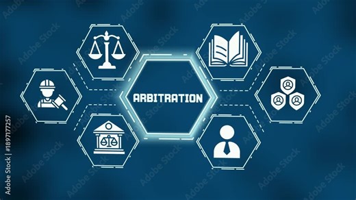 Arbitration and dispute resolution concept with legal justice, HR policy, compliance framework and corporate employment law icons.