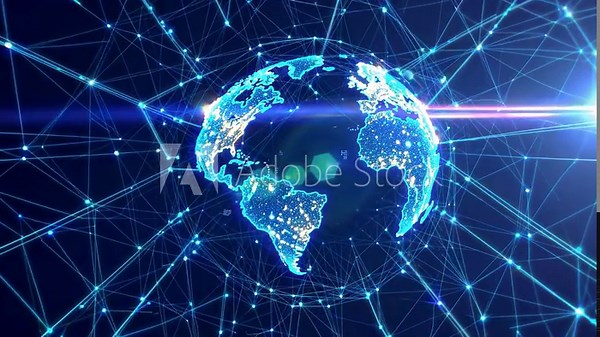Digital map of Earth connects planet systems. Space surrounds globe with glowing connection. Network structure forms digital shell. Technology enhances Earth with global network, planet data signals