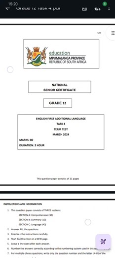 Grade 12 English FAL March Test Preparation
