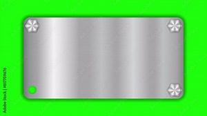 Brushed steel sign frame with metal bolts animation. Realistic metal brushed plate. Metal plate. Steel sign. Rotating bolt animation. 4K seamless loop animation