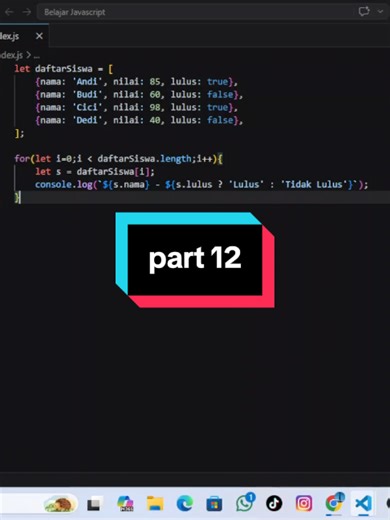 ━━━━━━━━━━━━━━━━━━━━━━━━━━━━━━ 📌 BELAJAR JAVASCRIPT DARI NOL SAMPAI MAHIR Part 12 — Belajar Tentang Manipulasi Array dalam Javascript ━━━━━━━━━━━━━━━━━━━━━━━━━━━━━━ 📖 APA YANG KAMU PELAJARI DI VIDEO INI? Di video ini kamu akan belajar: - Mengetahui cara manipulasi array dalam javascript - Method yang digunakan dalam manipulasi array - Contoh manipulasi array dalam javascript ━━━━━━━━━━━━━━━━━━━━━━━━━━━━━━ 🔗 TEMUKAN AKU DI SINI 🎵 TikTok : https://www.tiktok.com/@techpedia__ ▶️ YouTube : https