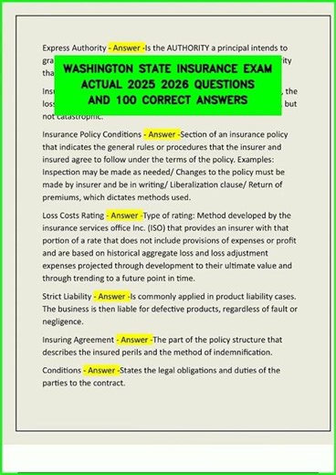 WASHINGTON STATE INSURANCE EXAM ACTUAL 2025 2026 QUESTIONS AND 100 CORRECT ANSWERS video