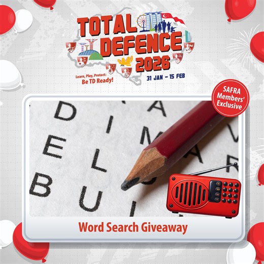 Total Defence 2026 | 31 Jan - 15 Feb Visit SAFRA clubs to discover the 6 pillars of Total Defence through a series of family-friendly interactive activities, hands-on experiences and delectable treats on the following days 31 Jan - Activities at all SAFRA clubs 1 Feb - Activities at SAFRA Tampines only Bring your family and friends along to experience how we can all play a part in keeping Singapore strong, resilient, and united. For more information, visit https://www.safra.sg/whats-on/safra-tot