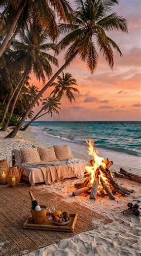 🏝️ Cozy Beach Campfire Loop (20s) | Ocean Waves + Fire Crackling (Seamless)