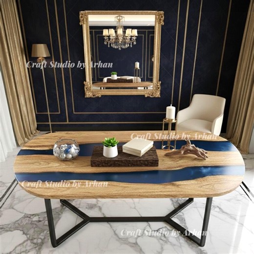 Custom Blue Resin Console Table | Oval Acacia Wood Live Edge Furniture - Etsy