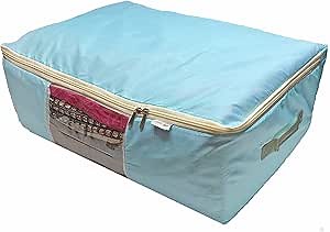Madam Sew Quilt Blanket Storage Bag|Blanket Organizer|Comforter Storage for Clothes, Quilts, Bedding|Linen Bag Storage with Visible Front Panel, Strong Handles & 2-Way Zipper - Turquoise 22x15x8"