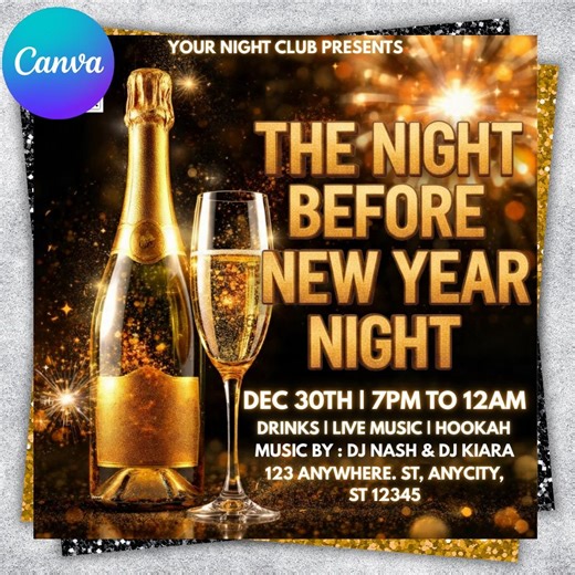 New Year Party Flyer 2026, Year Event Flyer, Night Party, Night Club, Countdown Night Event, Happy New Year, Dj Party Flyer, Canva Editable - Etsy