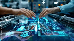 Two engineers are using a futuristic touch screen table with a holographic interface to control a production line in a modern factory