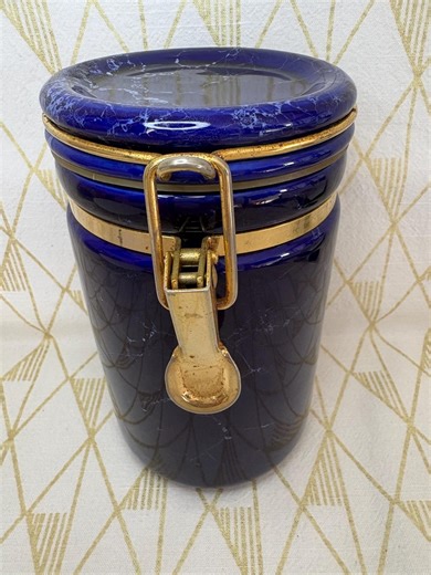 Vintage Cobalt Blue Marbled Ceramic Canister Gold Clasp - Etsy