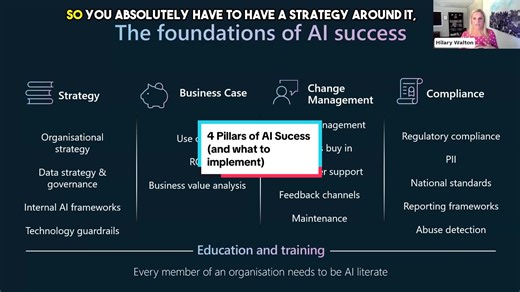 The 4 pillars of AI success: Insights you need to implement AI in the workplace! Here are the insights you need on implementing AI in the workplace! Developing a strategy, data governance, AI standards, and compliance are key pillars for success. Research shows a $3 ROI for every $1 invested in AI. Change management and compliance play crucial roles. How is your organization seizing the AI transformation opportunity? 💡 #AI #DigitalTransformation #BusinessStrategy