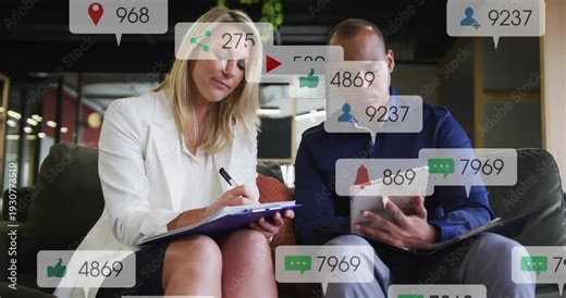 Two pros writing and tapping tablet generating rising alert icons covering hands tracking marketing