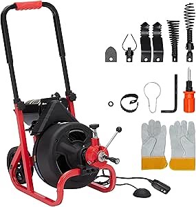 Drain Cleaner Machine, 100 ft X 3/8 in Electric Drain Auger with 6 Cutters and Gloves, Commercial Drain Cleaning Machine Sewer Snake Drill Drain Auger Cleaner for 2 to 4 in Pipes