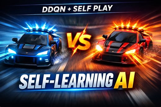 I trained two AI agents using Deep Reinforcement Learning and self-play until they learned to race competitively on their own.