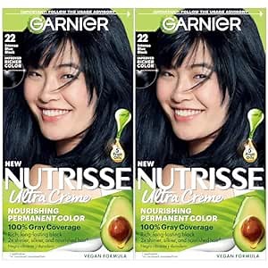Garnier Nutrisse Ultra Crème Hair Color, Permanent Hair Dye with 100% Gray Coverage, Vegan & Cruelty-Free, 22 Intense Blue Black (Mulberry), 2 Count