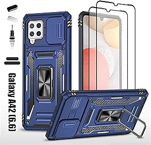 Heavy Duty Case for Samsung Galaxy A42(5G), Military Grade Dual Layer Hybrid Cushioning Rubber Bumper Protector with Slide Camera Protector, Built-in 360 Degree Swivel Stand -Blue