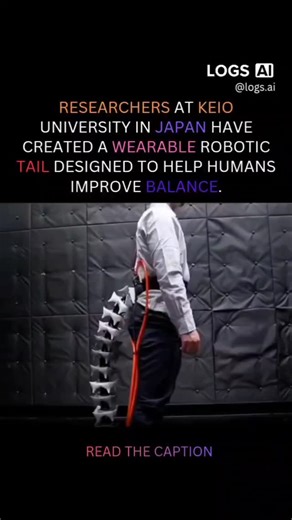 WHEN AI MOVES WE LOG IT on Instagram: "Researchers at Keio University in Japan have created a wearable robotic tail called “Arque,” designed to enhance human balance. Inspired by how animals use their tails for stability, the device adjusts the wearer’s center of gravity, helping them stay steady during fast movement or while lifting heavy objects. Follow us (@logs.ai) for everything latest from the Al world. #ai #ainews #aiupdates #tech #future #ArtificialIntelligence #AI #AIUpdates #TechNews #