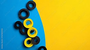 Colorful background with black and yellow circles. The circles are of different sizes and are scattered all over the background. The image has a playful and fun vibe Stock Video