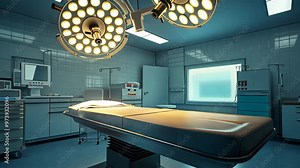 Inside an operating room at a modern hospital during a surgical procedure with advanced equipment and lighting