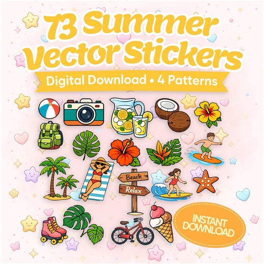 Vector Summer Sticker Bundle, Cute Vacation Stickers & Beach Patterns, Travel Planner Clipart Set - Etsy