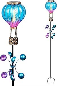 Alpine Corporation 45" H Outdoor Solar Hot Air Balloon Spinning Garden Stakes with LED Lights, Blue/Purple