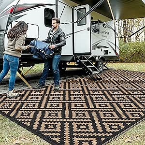 GENIMO Outdoor Rug for Patio Clearance, 8'x16' Waterproof Camping Mat, Reversible Plastic Straw Rugs for RV, Camper, Balcony, Backyard, Picnic, Deck, Black & Brown