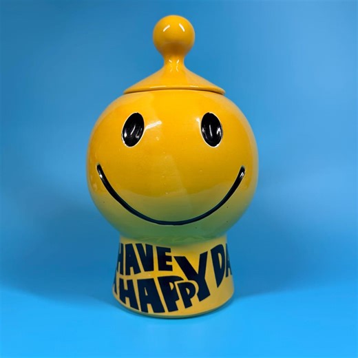 Vintage Mccoy Smiley Face Cookie Jar - Bright Yellow "have a Happy Day" Retro Kitchen Decor - Etsy
