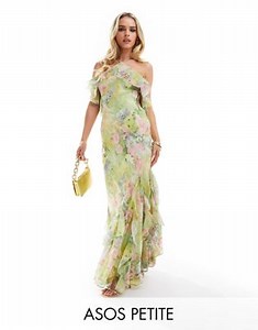 ASOS DESIGN Petite ruffle halter bias maxi dress with ruffle hem in green floral print | ASOS