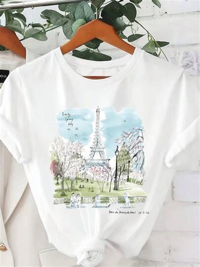 70% Off Women's Short Sleeve T-Shirt, Eiffel Tower Print, Stop And Ell The Roses Slow Living Design, Elegant Sweet Cute Vacation, Commute T-Shirt, Party T-Shirt, Essential Home Wear, Women's Gift Birthday Gift, Loose Fit Comfortable, Lightweight | SHEIN