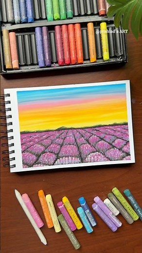 Easy Lavender Field Sunset Drawing with Oil Pastels | Step-by-Step