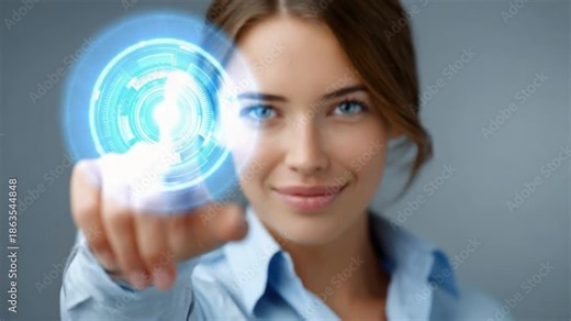 Tech-Savvy Interaction: A woman gracefully interacts with a holographic interface, demonstrating innovation and connectivity. The image encapsulates the intersection of human and digital realms.