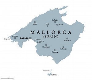 Mallorca, gray political map, with capital Palma and important towns....
