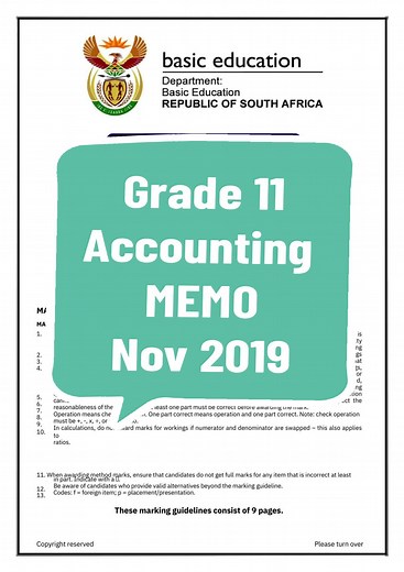 Grade 11 Accounting MEMO November 2019 #accounting #grade11 #school #pastyearpapers #pastpapers #study #exams