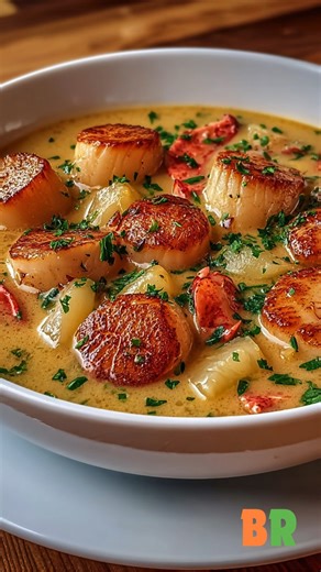 Creamy Lobster Scallops Chowder Golden-seared scallops and tender lobster are gently folded into a cream-rich chowder layered with aromatics and Yukon Gold potatoes, producing a refined balance of sweetness, depth, and luxurious texture guided by classical technique. 🛒Ingredients : 1 pound sea scallops, patted dry 8 ounces cooked lobster meat, chopped 3 cups seafood or vegetable broth 2 cups heavy cream 2 medium Yukon Gold potatoes, diced 1 medium onion, finely chopped 2 celery stalks, thinly s