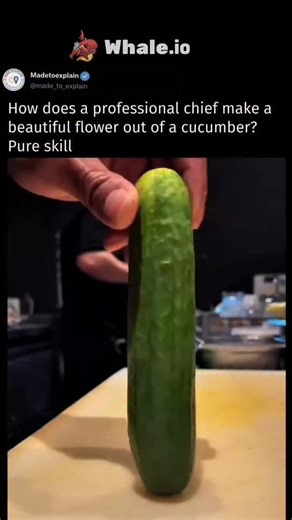 Made_to_Explain on Instagram: "To create a professional cucumber flower garnish, a chef typically uses one of two high-level techniques: carving or ribbon-rolling. In the carving method, the chef cuts a section of the cucumber and uses a sharp paring knife or specialized "V" garnish tool to make deep, zigzag incisions around the circumference. Once the two halves are pulled apart, the seeds are cored out, and the chef carefully thins the "petals" by slicing just beneath the skin to create a bloo