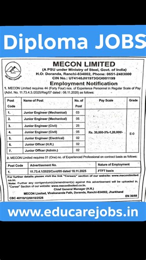 MECON Limited is currently hiring for various engineering and consultant roles, with recent openings for positions like Engineer (Safety), Assistant Engineer (Safety), Deputy Engineer (Civil), and Consultant (Critical Care Specialist). Interested candidates can apply online through the official MECON careers portal | Educare Skill Academy