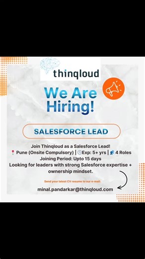 Salesforce Jungle on Instagram: "Hiring: Salesforce Lead (5+ Years Experience) We are looking for a highly skilled Salesforce Lead with strong hands-on experience in Salesforce development, customization, and team handling. Required Skills: Minimum 5 years of experience in Salesforce Strong knowledge of Apex, Visualforce, Aura, LWC Experience in flows, process builder, validation rules Salesforce Admin + PD1 preferred Ability to lead developers & guide the team Experience in integration (REST/SO
