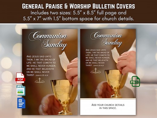 Communion Sunday Church Bulletin Cover Art, Verse John 6:35 the Bread of Life Features Wine Cup & Bread, 11x8.5 Bi-folded, Digital Download - Etsy