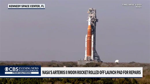 NASA hauled its Artemis II moon rocket off its seaside pad on Wednesday for a trip back to a processing facility to track down and fix a helium pressurization problem that delayed launch of four astronauts on a flight around the moon. https://cbsn.ws/4tWwxcw | CBS Evening News