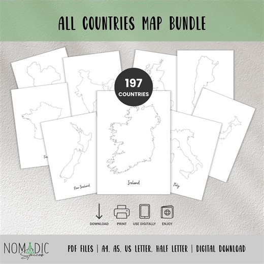 World Map Bundle - Travel Planner Pages - All 197 Country Maps Bundle - Trip Itinerary Planner - Outline Map PDF - Travel Planner Insert
