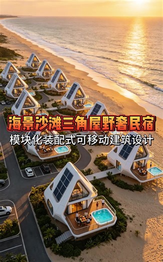 Beach wildluxe in 72h! Geometric triangle house on golden shore, starlit pool mirrors sunset, smart BBQ to ocean whispers.#趣屋FUNCABIN #spacecapsule #Mobilehouse #build #Cabin #hotel #Creative #Design