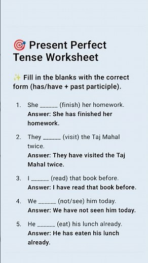Worksheet of present perfect tense
