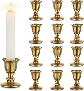 Vintage Candlestick Candle Holders Brass - Romadedi Taper Gold Candle Stick Victorian Style for Table Centerpiece Wedding Reception Festive Christmas Mantel Decoration or Home Decor Set of 12