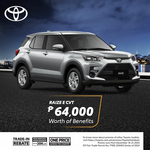 231 reactions · 48 shares | Drive your holiday Raize E CVT home! Get up to P64,000 in exclusive deals and benefits on the Raize E CVT this Christmas. Visit your local Toyota dealership or click toyota.com.ph/promos/ToyotaHolideals to learn more! | Toyota Motor Philippines | Facebook